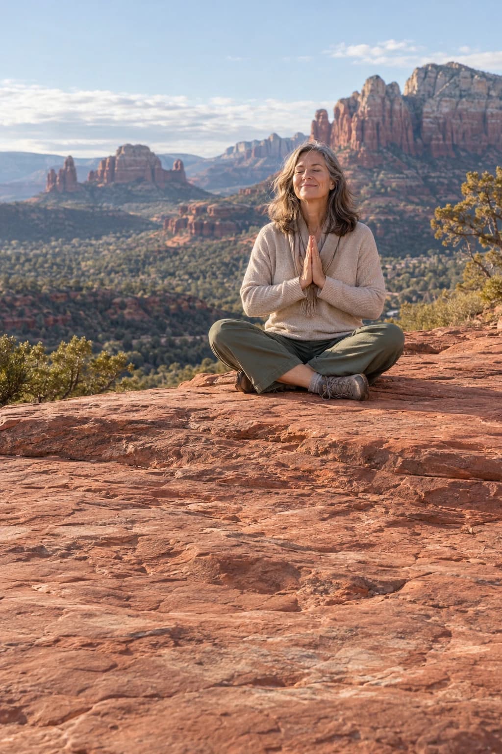 Illustrative meditation moment: a woman sitting cross-legged, eyes closed and palms together, on a Sedona red-rock overlook