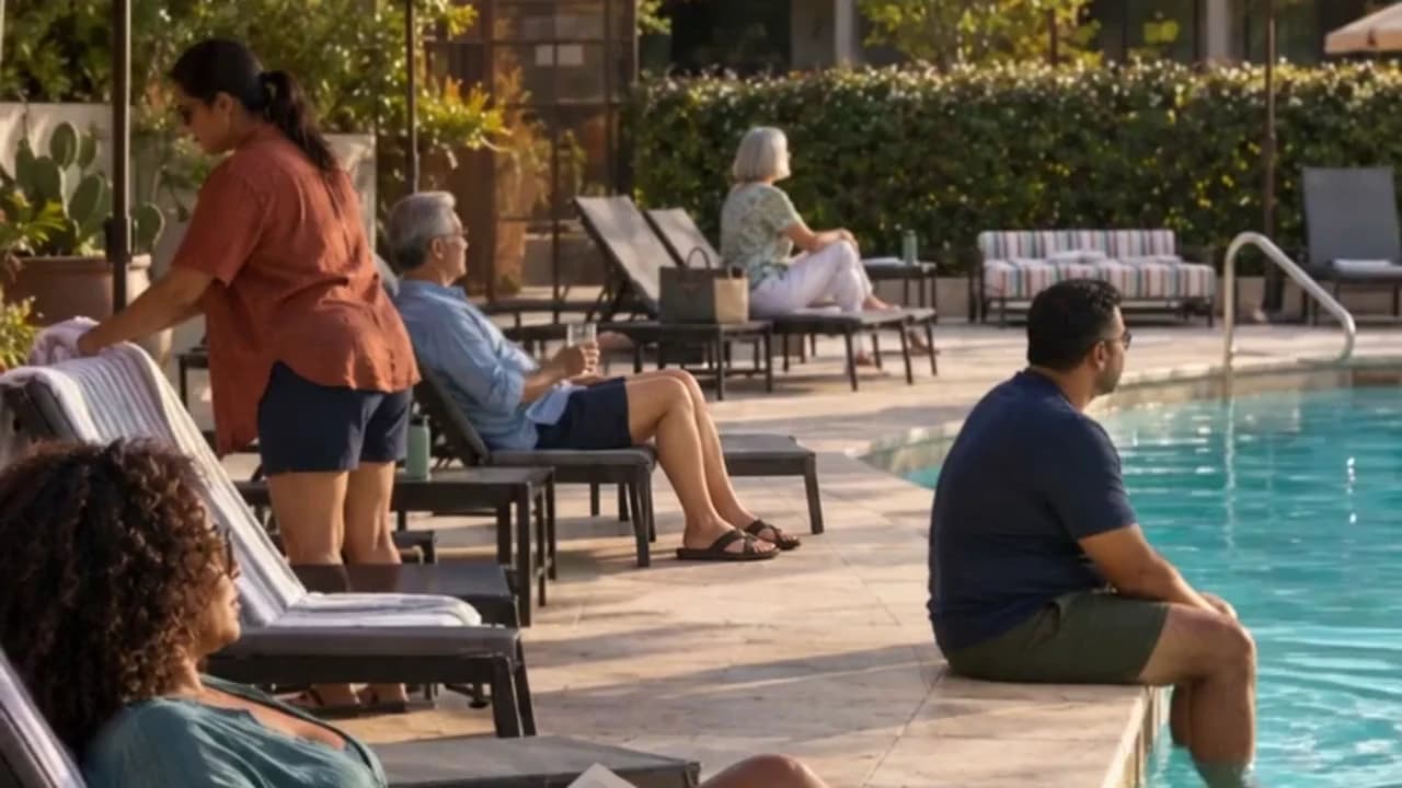 Illustrative scene of guests resting beside a pool
