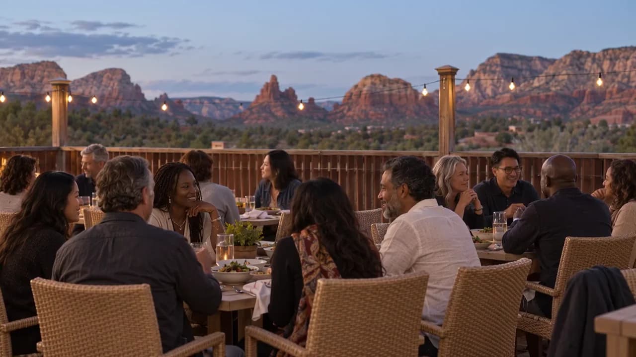 Illustrative scene of guests sharing a meal with red rocks beyond the table