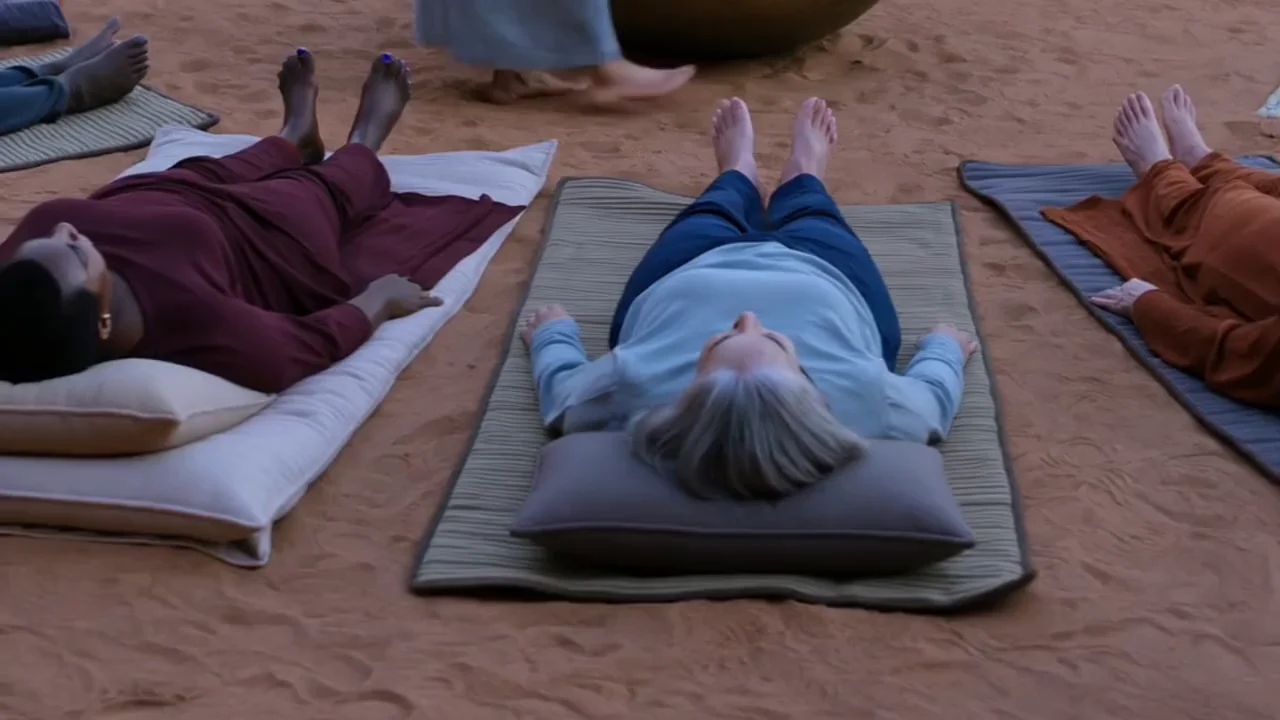 Illustrative view of guests resting on mats on Sedona’s red earth