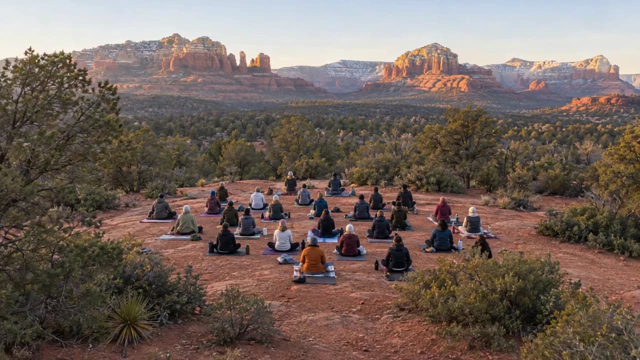 Illustrative group meditation in Sedona’s early morning light