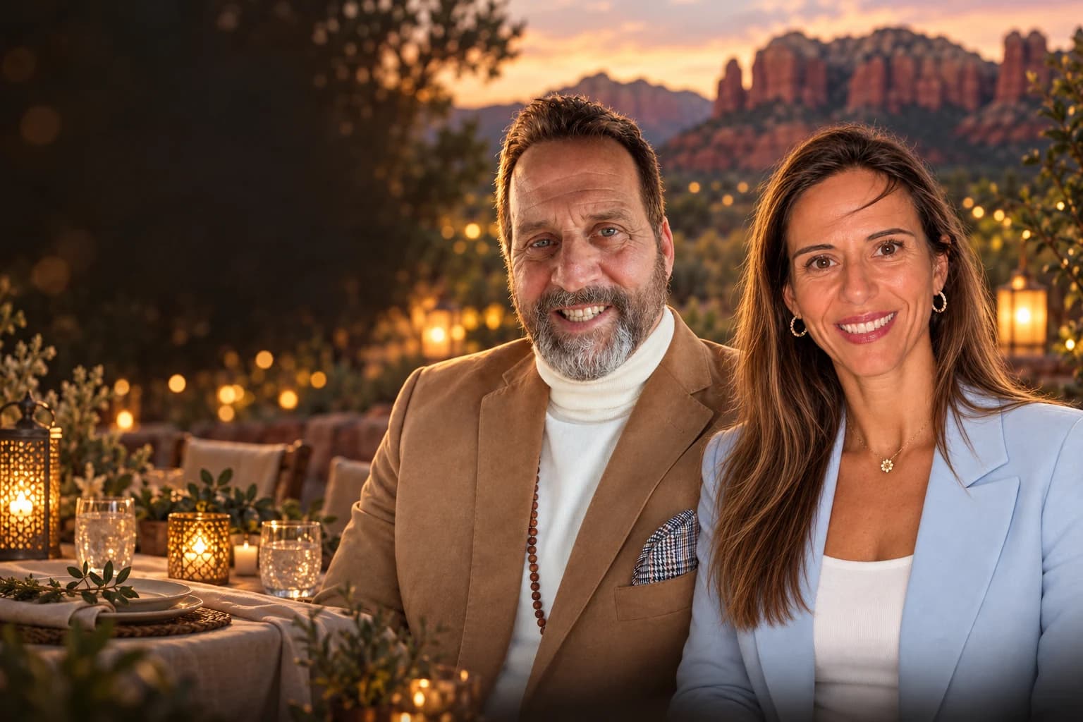 Illustrative portrait composition of Michael Valentine and Sara Jodoin beside a dinner setting in Sedona at dusk